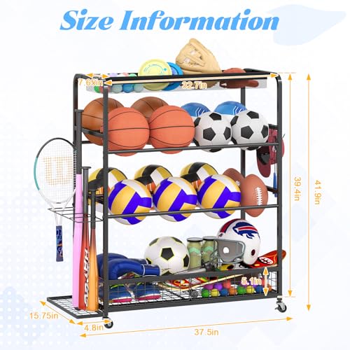 Jsskeeim Garage Sports Equipment Organizer,Sports Ball Organizer with Wheels,Mesh Pocket, Basket,Ball Organizer with Baseball Bat Rack and HooksToy Storage Rolling Cart-Black - style: 02