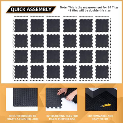 24 Pack - 1/2" Extra Thick Floor Exercise Mat for Home Gym Floor Padding for Kids - High-Density EVA Interlocking Foam Floor Tiles for Gym Equipment, Play Area, Yoga, Cardio, Weights, MMA