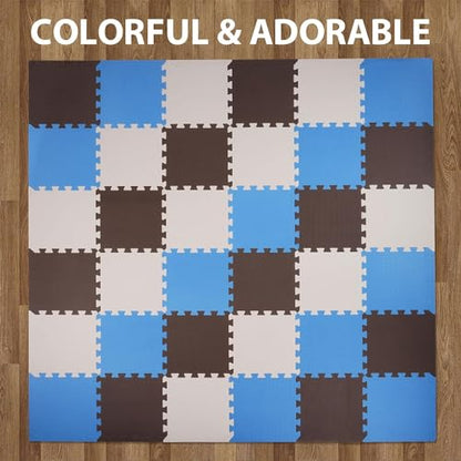 BalanceFrom 16-Pack 12x12 Inches EVA Interlocking Foam Play Tile Mat, Blue/Brown/Beige – 0.4-Inch Thick Non-Slip Puzzle Flooring for 16 Square Feet in Playroom, Nursery, or Playpen at Home