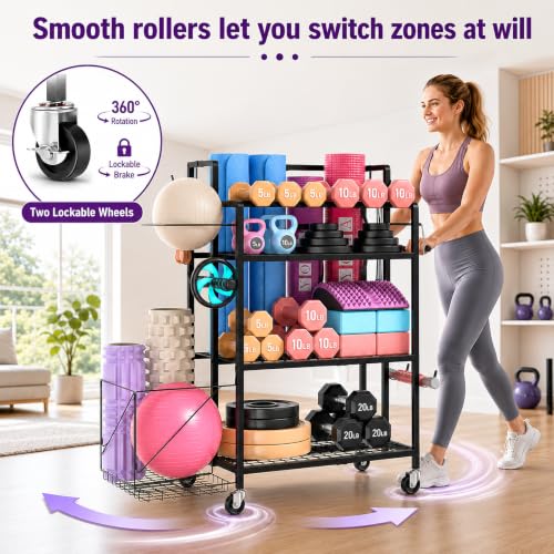 4-Tier Weight Rack for Home Gym with Wheels, Hooks and Dumbbell Storage