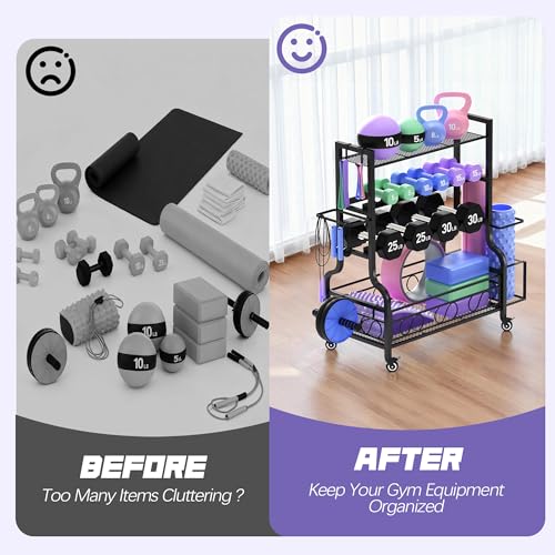 PARTPHONER Dumbbell Weight Rack, Home Gym Storage for Kettlebells Yoga Mat and Balls, All in One Workout Storage with Wheels and Hooks, Powder Coated Finish Steel - size: 39"(L)x15.8"(W)x39.8"(H)