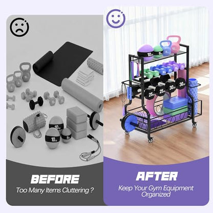 PARTPHONER Dumbbell Weight Rack, Home Gym Storage for Kettlebells Yoga Mat and Balls, All in One Workout Storage with Wheels and Hooks, Powder Coated Finish Steel - size: 39"(L)x15.8"(W)x39.8"(H)