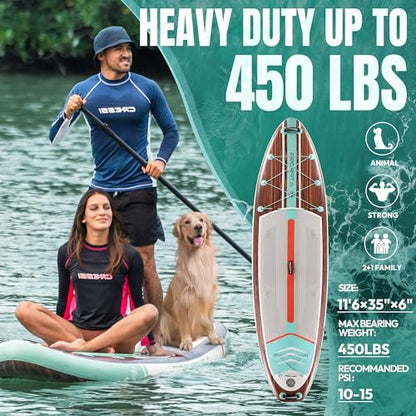 11'6"x35" Inflatable Paddle Board, 450lbs Extra Wide Stand Up Paddleboard for Adults with Premium SUP Accessories Kit & Backpack, Blow Up Kayak Non-Slip Stable Deck Boat for Yoga Fishing Surf - style: Wooden/ kayak seat