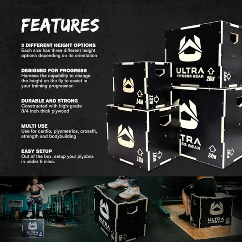 Wooden Plyo Box, 31 Plyometric Jump Training Squat, Step Up, Jumps & More Workout Size S, M, L, XL, Home Gym Exercise Equipment (Black Anti-Slip, Small 16/14/12)