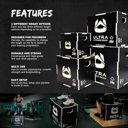 Wooden Plyo Box, 31 Plyometric Jump Training Squat, Step Up, Jumps & More Workout Size S, M, L, XL, Home Gym Exercise Equipment (Black Anti-Slip, Small 16/14/12)