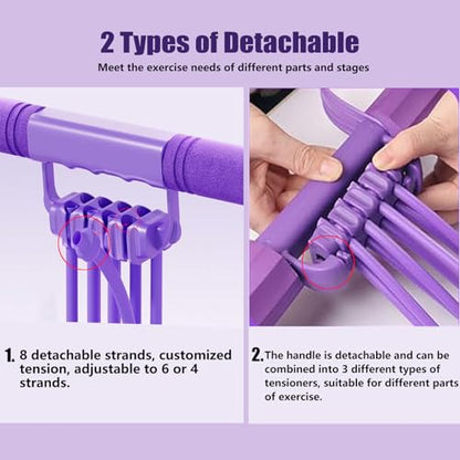 Pedal Resistance Band with Handle,New Upgrate 8 Tube Detachable Exercise Band 3‑in‑1 Multi-Function for Foot Pedal Pull, Back Stretch & Chest Expand, Portable Latex Fitness - color: 3 in 1-purple