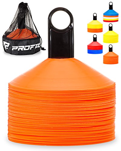 Pro Disc Cones (Set of 50) - Agility Soccer Cones with Carry Bag and Holder for Sports Training, Football, Basketball, Coaching, Practice Equipment, Kids - Includes 15 Best Cone Drills Book