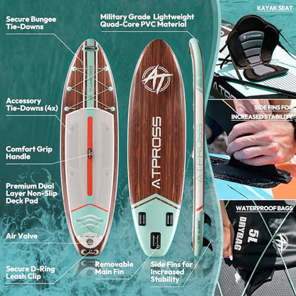 11'6"x35" Inflatable Paddle Board, 450lbs Extra Wide Stand Up Paddleboard for Adults with Premium SUP Accessories Kit & Backpack, Blow Up Kayak Non-Slip Stable Deck Boat for Yoga Fishing Surf - style: Wooden/ kayak seat