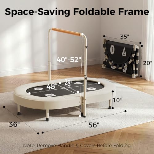 BCAN BT6 56IN 2-Person Kids Trampoline, Safe-Elastic Band Foldable Frame Trampoline for Kids 1-8, ASTM Certified-Toddler Trampoline Indoor with Adjustable Stable Handlebar, Load 220lbs