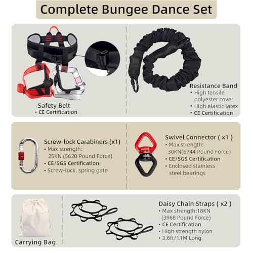 Bungee Dance Set, Full Anti-Gravity Workout Kit with Adjustable Harness, Elastic Bungee Rope & Hardware, CE Certified Multi-Size for 50-100kg Users for Home & Studio Aerial Fitness Trainin
