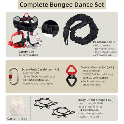 Bungee Dance Set, Full Anti-Gravity Workout Kit with Adjustable Harness, Elastic Bungee Rope & Hardware, CE Certified Multi-Size for 50-100kg Users for Home & Studio Aerial Fitness Trainin