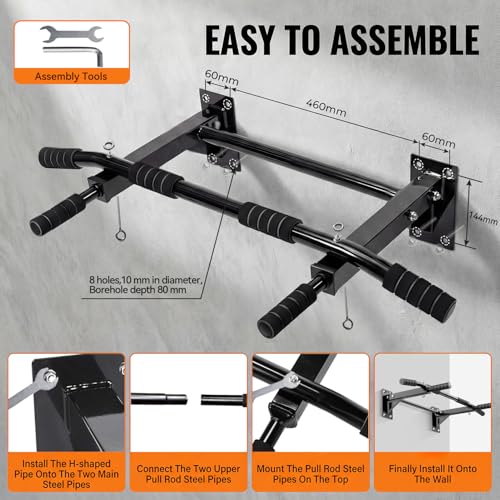 Wall Mounted Pull Up Bar, 4 Grip Positions, 2 Suspension Anchors