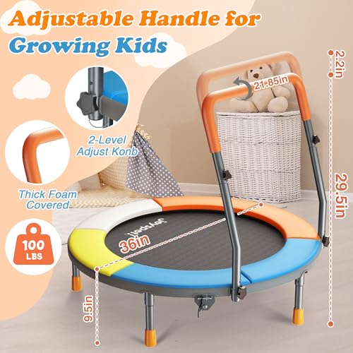 Premium 3FT Foldable Toddler Trampoline for Kids Ages 3-6, 36 Inch ASTM Certified Mini Trampoline with Adjustable Handle, 100 lbs Capacity, Quiet Elastic Bands, Safe for Indoor Outdoor Use - style: Classic