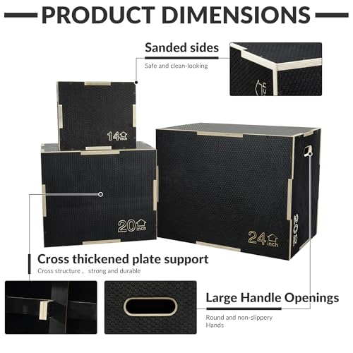 Fitvids 3 in 1 Non-Slip Wooden Plyo Box Jump Exercise Platform, Plyometric Workout Equipment for Home Gym, Training Step Box, Black, Multiple Sizes