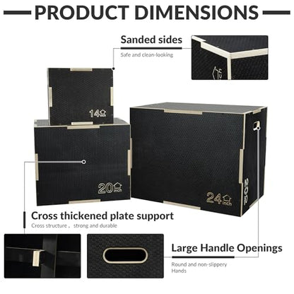 Fitvids 3 in 1 Non-Slip Wooden Plyo Box Jump Exercise Platform, Plyometric Workout Equipment for Home Gym, Training Step Box, Black, Multiple Sizes