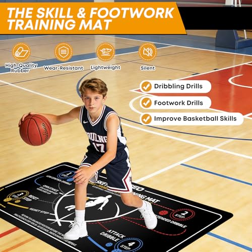 Basketball Training Mat & Equipment - Silent Neoprene Agility Footwork Trainer for Kids Youth - Non-Slip Dribble Training System for Home Practice - Improve Ball Handling, Speed & Control