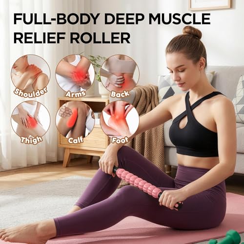 Muscle Roller & Massage Roller Stick for Athletes - Lymphatic Drainage Support, Relieves Muscle Soreness, Cramping & Tightness - Targets Legs, Arms, Back & Calves （Pink - 18inch） - color: Pink