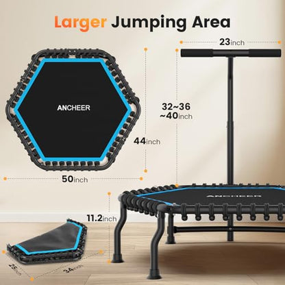ANCHEER 50" Rebounder Trampoline for Adults- 2026 Foldable Mini Trampoline with Bar- Exercise Trampoline for Adults, Max Load 560lbs, for Indoor/Garden Workout