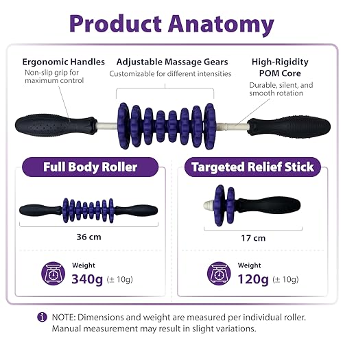 3-in-1 Muscle Roller Stick, Manual Massage Tool with 8 Adjustable Gears & POM Core, Customizable Deep Tissue Relief for Neck, Back, and Calves, Portable Post-Workout Recovery (Purple)