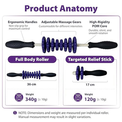 3-in-1 Muscle Roller Stick, Manual Massage Tool with 8 Adjustable Gears & POM Core, Customizable Deep Tissue Relief for Neck, Back, and Calves, Portable Post-Workout Recovery (Purple)