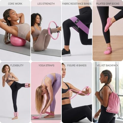 Pilates Workout Kit for Home, Pilates Essential Equipment with Adjustable Ankle Wrist Weights, Resistance Bands, Pilates Ring and Ball Set, Yoga Straps, Grip Socks Fitness Accessories kits for Women