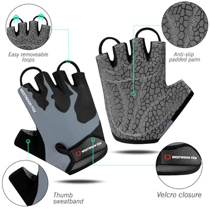 WESTWOOD FOX Cycling Gloves Half Finger Unisex Padded Grips Palm Bicycle Summer MTB Bike Gloves for Men Women Non-Slip Fingerless Short Mountain Bike Sports Hiking Climbing Gym