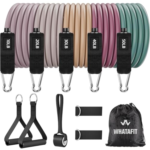 WHATAFIT Resistance Bands, Exercise Bands, Workout Bands with Handles, Door Anchor and Ankle Straps, 5 Resistance Levels Fitness Bands for Strength Training, Physical Therapy, and Home Gym Equipment - color: Morandi-01