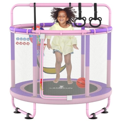 60" 6-in-1 Kids Trampoline, 5ft Mini Toddler Trampoline for Girls Boys - color: Pink&Purple 6-in-1