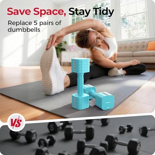 FEIERDUN DB3 5-in-1 Adjustable Dumbbell Set, 6LB/10LB Pair Adjustable Weights for Women at Home, Dual Locking Stable Hand Weights with TPU Soft Handle, Home Gym, Rehab, Pilates, Yoga, Strength Training - color: C-Mint Blue, style: 6LBS Pair (12LBS Total)