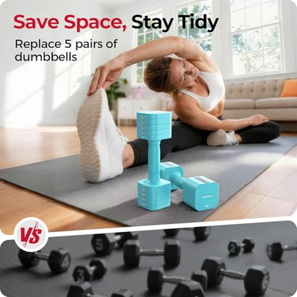 FEIERDUN DB3 5-in-1 Adjustable Dumbbell Set, 6LB/10LB Pair Adjustable Weights for Women at Home, Dual Locking Stable Hand Weights with TPU Soft Handle, Home Gym, Rehab, Pilates, Yoga, Strength Training - color: C-Mint Blue, style: 6LBS Pair (12LBS Total)