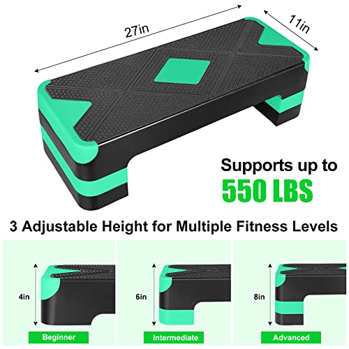 27" Exercise Workout Aerobic Step Platform with Adjustable 4"-6"-8" Risers - color: Green