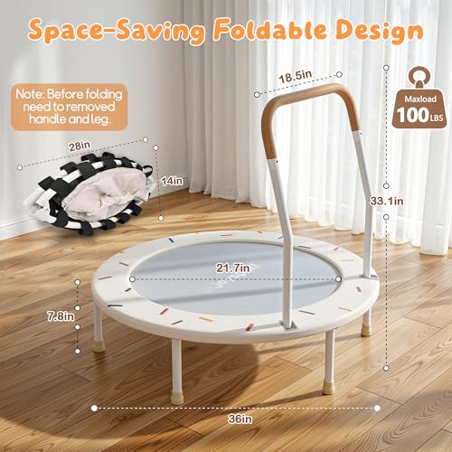 36-Inch Toddler Trampoline with Foam Handle, Foldable Indoor Outdoor Mini Rebounder for Kids Ages 3-6, Safe Elastic Band Design, Non-Slip Oxford Mat, Easy Assembly & Max Load 100 lbs