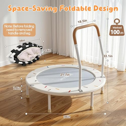 36-Inch Toddler Trampoline with Foam Handle, Foldable Indoor Outdoor Mini Rebounder for Kids Ages 3-6, Safe Elastic Band Design, Non-Slip Oxford Mat, Easy Assembly & Max Load 100 lbs