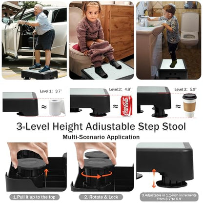Adjustable Step Stool for Adults - Noctilucent Bed Step Stools, 600 LBS Capacity Non-Slip Safety Step Platform Indoor and Outdoor for Seniors and Adults, Wide Step Stools Elderly Assistance at Night