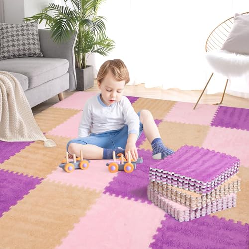 36 Pcs Plush Interlocking Carpet Tiles, Non-Toxic Foam Carpet Tiles for Toddler Baby, Anti-Slip, EVA Foam Interlocking Tiles for Floor, Nursery, Playroom, Purple, Light Brown, Pink - color: Purple,Light Brown,Pink, size: 36P