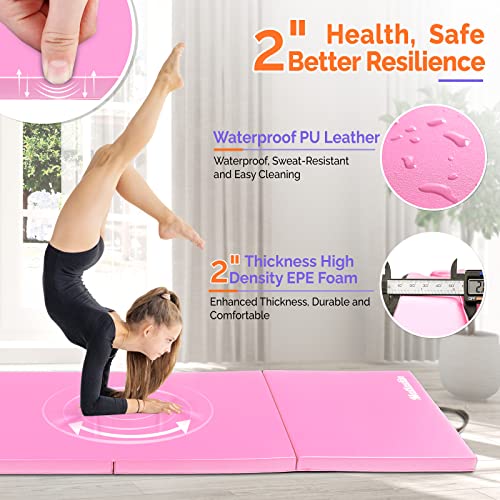 Matladin 8' Folding Gymnastics Gym Exercise Aerobics Mat, 8ft x 2ft x 2in PU Leather Tumbling Mats with Hook & Loop Fastener for Stretching Yoga Cheerleading Martial Arts