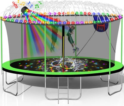 1500LBS 10FT 12FT 14FT 15FT 16FT Trampoline for Kids Adults with Sprinkler, Lights with Music Speaker, Socks, Water Ball, Heavy Duty with Basketball Hoop, Enclosure Net, Ladder