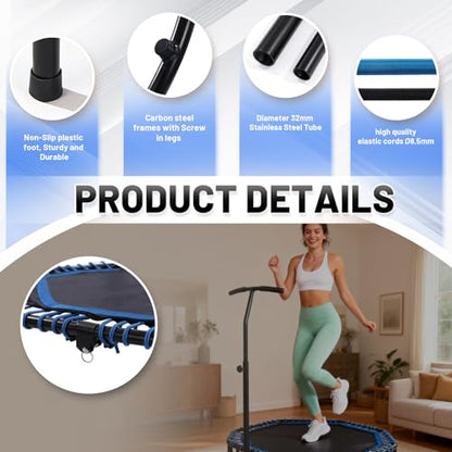 48" Mini Trampoline for Adults, Rebounder with Adjustable Handle Bar, Bungee Ropes, Indoor Outdoor,Fitness Trampoline for Home and Gym, Cardio & Strength Training
