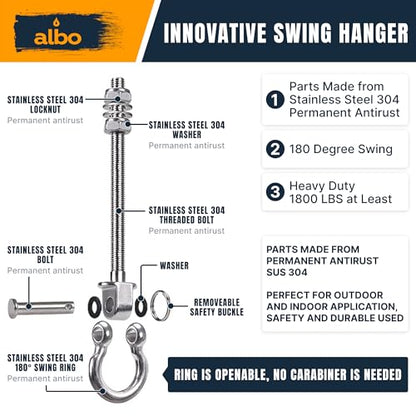Albo 2 Pack Heavy Duty Swing Hangers – 8.7 Inch, 304 Stainless Steel, 1800 lbs Swivel Hooks for Hammock, Porch, Gym, Punching Bag, Yoga, Playground, Ceiling Mount for Wood & Concrete Indoor Outdoor - size: 8.7'' Bolt 2pcs