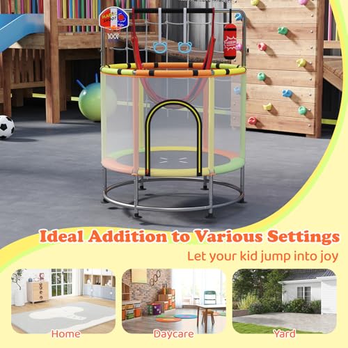 GYMAX 55" Trampoline for Kids, 440LBS 6 in 1 Toddler Rebounder with Swing, Basketball Hoop, Punching Bag, Rings & Bar, No-Gap Jumping Mat Mini Indoor Outdoor Trampoline