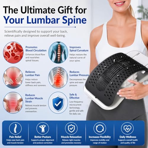 BREEV® Back Stretcher with EMS Electric Pulse Massage, Lumbar Support for Lower Back Pain Relief, Adjustable Spine Decompression Device, 108 Acupressure Nodes & Remote Control
