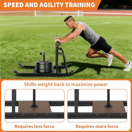 Adjustable Height Weight Sled for Speed Training, Heavy-Duty Push Pull Workout Sled for Football, Fitness, Running, Fits 1" & 2" Plates, Home or Outdoor Strength Training Push Gym Equipment, Black