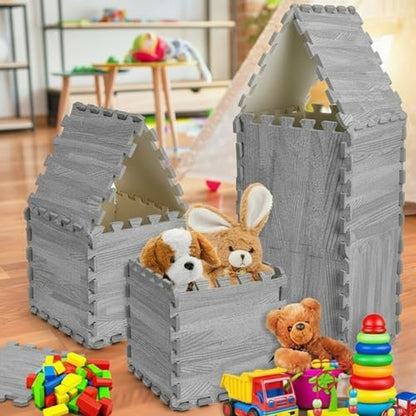Tebery 16 Pieces Printed Wood Grain Interlocking Floor Tiles 3/8-Inch Thick EVA Foam Grey Puzzle Floor Mat