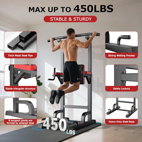 Pooboo Power Tower Dip Station Pull Up Bar for Fitness Home Gym Workout,450 Pounds Multi-Function Adjustable Height Fitness Strength Training Exercise Equipment,with Power Elastic Ropes - color: Black Red-02