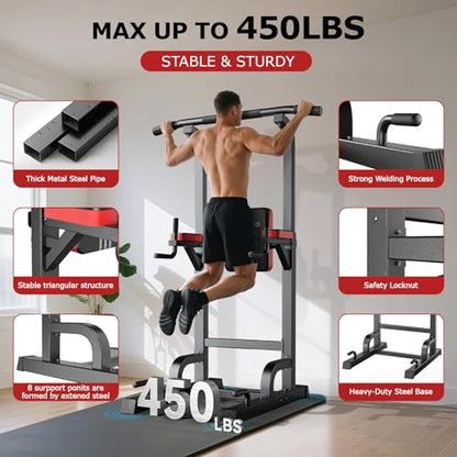 Pooboo Power Tower Dip Station Pull Up Bar for Fitness Home Gym Workout,450 Pounds Multi-Function Adjustable Height Fitness Strength Training Exercise Equipment,with Power Elastic Ropes
