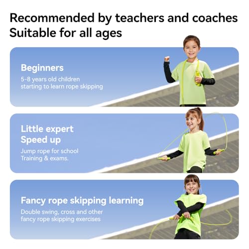 Kids Jump Rope for Children-Adjustable Speed Skipping Rope with Dual Bearings, Segmented Anti-Tangle Cord, Silicone Handles, Indoor Outdoor Fitness Toy for Boys & Girls