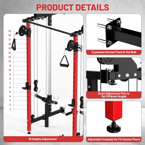 GarveeHome Folding Squat Rack, Wall Mounted Power Rack with Dual Pulley System & Pull Up Bar, Fitness Equipment for Home Gym, Garage, Apartment
