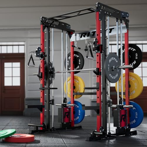 RitFit M1 Pro Smith Machine Cable Crossover Power Cage Home Gym - color: RED, size: M1 PRO (With Weight Stack)