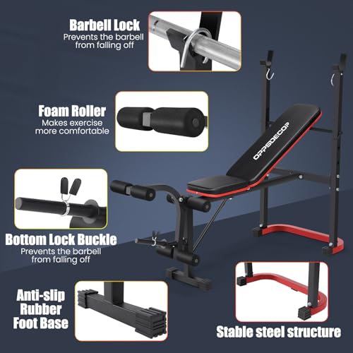 OPPSDECOR 661LBS Weight Bench Set, 8 in 1 Adjustable Bench Press with Squat Rack Leg Extension & Leg Curl Foldable Workout Bench with Safety Bar Catches Standard Weight Training Benches for Home Gym