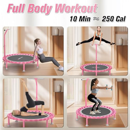 Foldable Mini Trampoline, 40" Rebounder Trampoline for Adults & Kids, 450lbs Capacity with T-Shaped Adjustable Bar, Indoor Fitness Workout Exercise Equipment